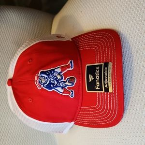 Patriots trucker style hat, vintage, old timey logo. New, adjustable white red